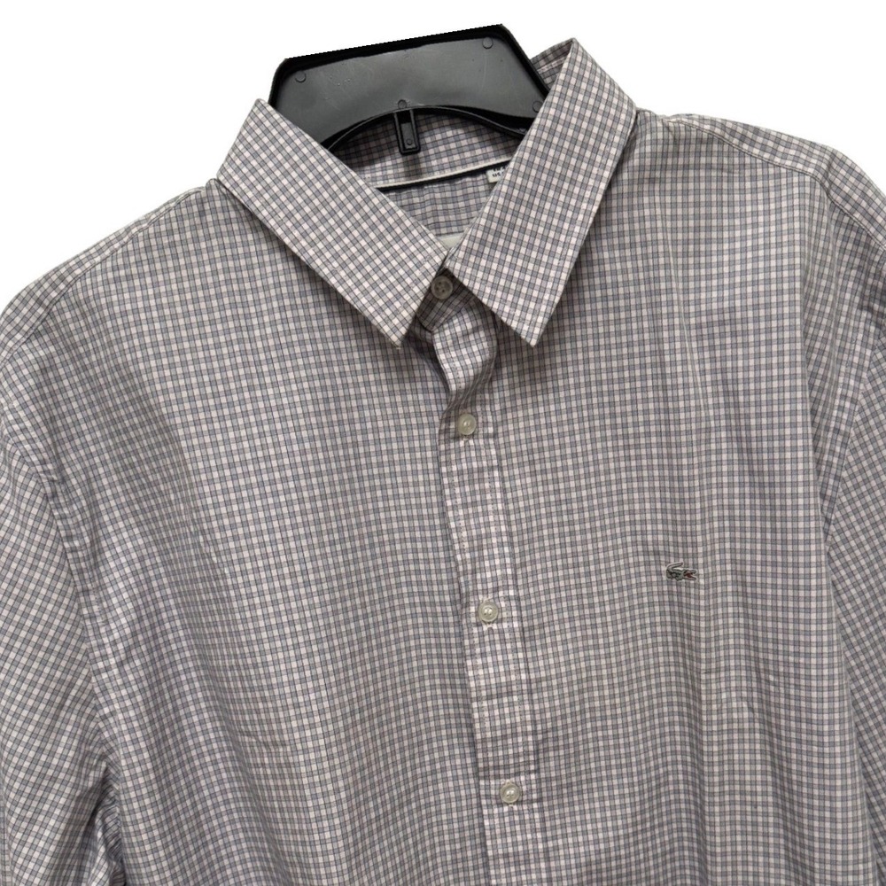 Lacoste Mens Classic Fit Micro Check Button Down Shirt Blue White Cotton US 16.5